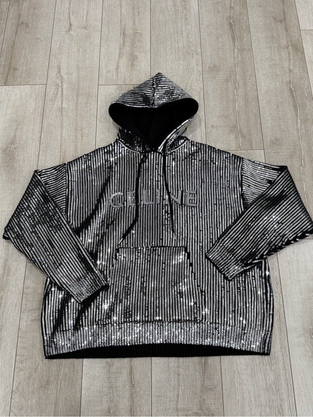 Celine Silver & Black Sequin Wool pullover Hoodie adult unisex M new with tags